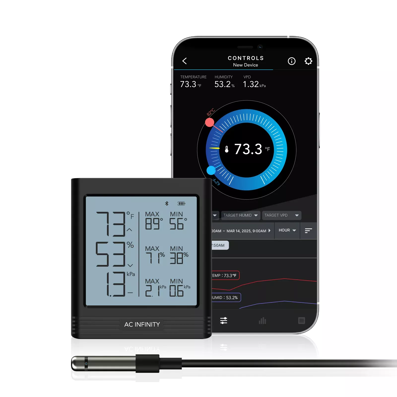 AC Infinity CLOUDCOM B1 Smart Thermo-Hygrometer w/ Data App 12 ft.