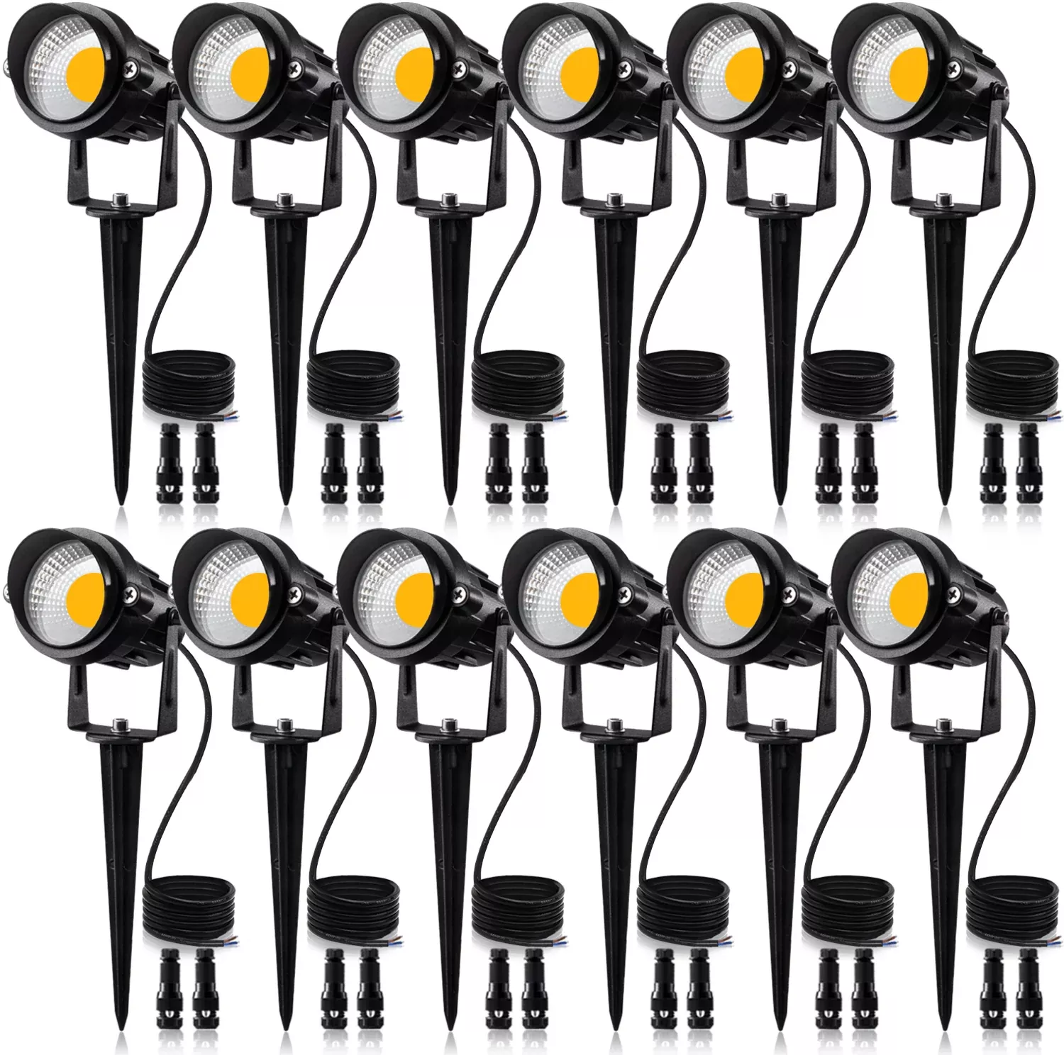 SUNVIE 12W Low Voltage LED Landscape Lights with Connectors, Outdoor 12V Super Warm White (900LM) Waterproof Garden Pathway Lights Wall Tree Flag Spotlights with Spike Stand (10 Pack with Connector)